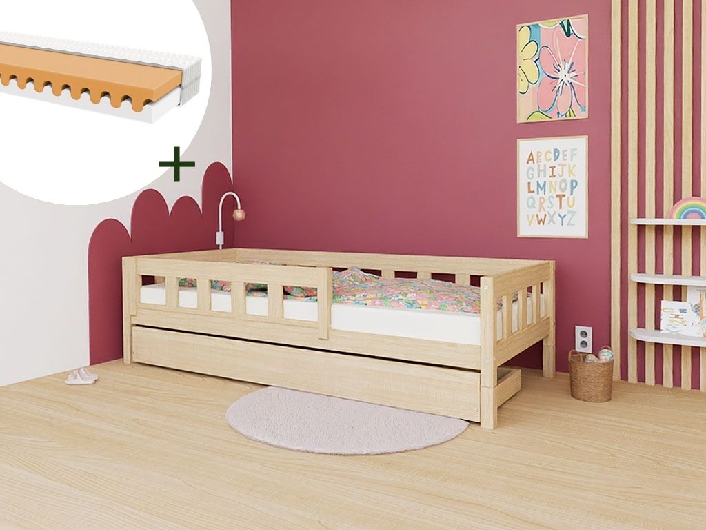 E-shop Benlemi Vysoká jednolôžková posteľ PLOTTY so zábranou a úložným šuplíkom 90x200 cm + matrac WAVE Zvoľte farbu: Transparentná vosková lazura matná, Zv…