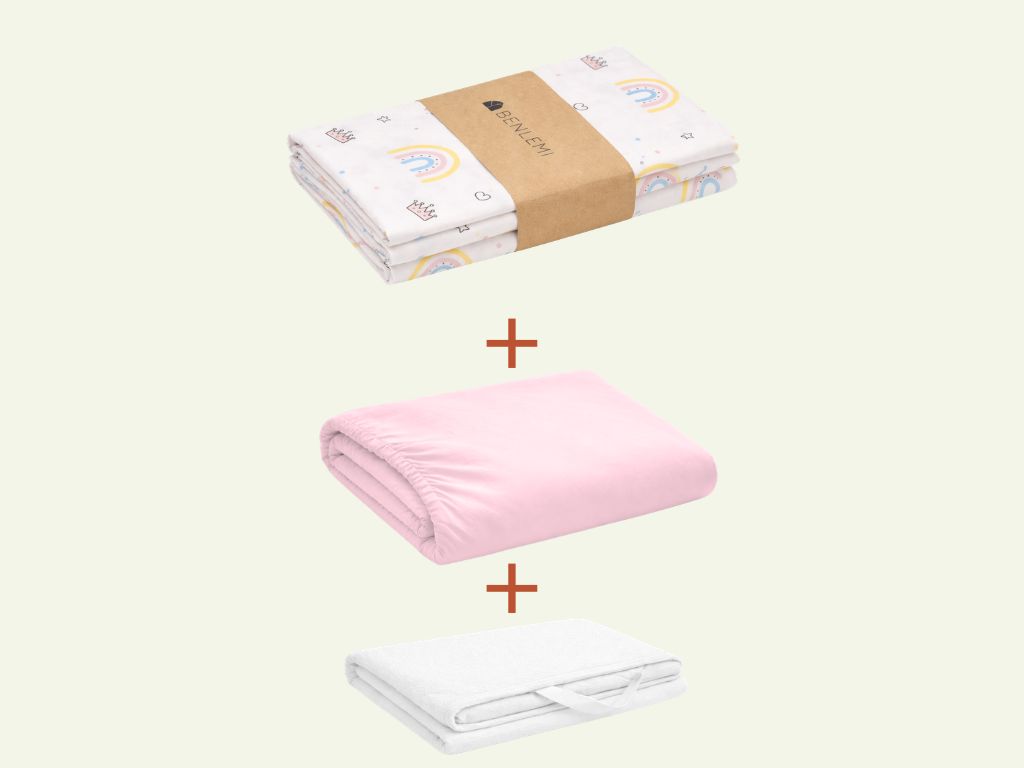 Benlemi Sada posteľnej bielizne; bavlnené obliečky DUHY + ružové jersey prestieradlo + chránič matraca Zvoľte rozmer: 90 x 200 cm
