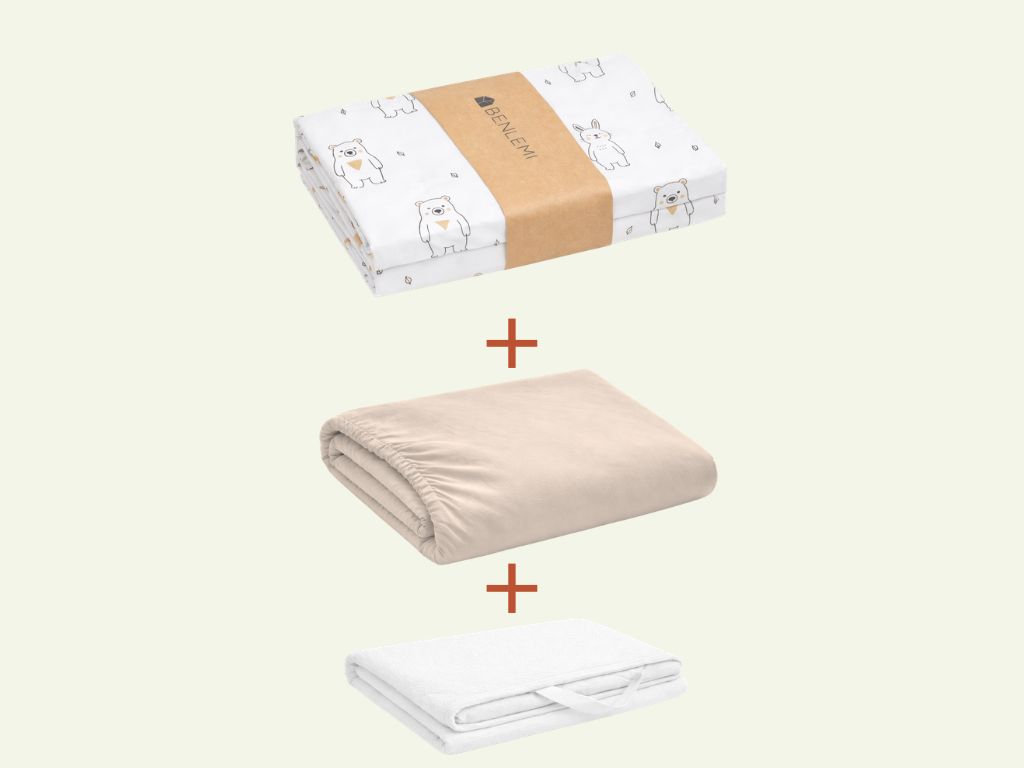 Benlemi Sada posteľnej bielizne; bavlnené obliečky LESNÉ ZVIERATKÁ + béžové jersey prestieradlo + chránič matraca Zvoľte rozmer: 90 x 200 cm
