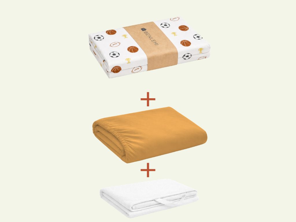 Benlemi Sada posteľnej bielizne; bavlnené obliečky LOPTY + horčicové jersey prestieradlo + chránič matraca Zvoľte rozmer: 80 x 200 cm