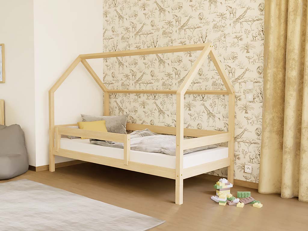 Benlemi Detská posteľ domček LUCKY s bočným štítom Zvoľte farbu: Nelakovaná, Zvoľte rozmer: 90x200 cm, Zvolte zábranu: S prednou zábranou