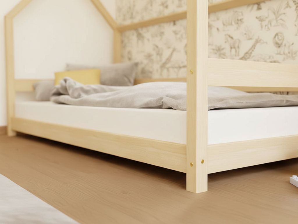 Benlemi Detská posteľ domček LUCKY s bočným štítom Zvoľte farbu: Nelakovaná, Zvoľte rozmer: 90x200 cm, Zvolte zábranu: S prednou zábranou