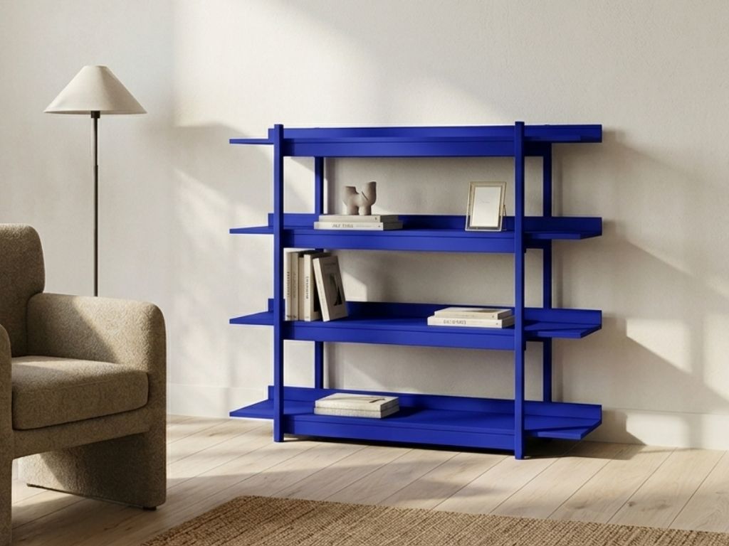 E-shop Drevená nástenná knižnica FRAME tmavomodrá
