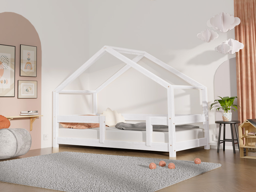 E-shop Benlemi Detská posteľ domček LUCKY so zábranou BIELA Zvoľte rozmer: 120x200 cm, Zvoľte zábranu: S dvoma zábranami