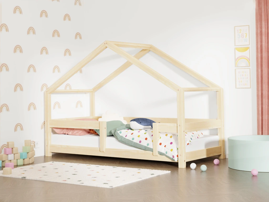 E-shop Benlemi Detská posteľ domček LUCKY so zábranou TRANSPARENTNÁ LAZURA Zvoľte rozmer: 120x200 cm, Zvoľte zábranu: S dvoma zábranami
