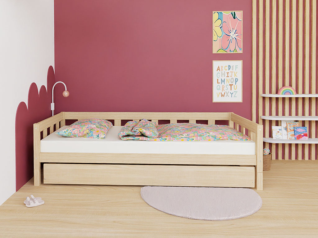 Benlemi Jednolôžková posteľ PLOTTY so zábranou a zásuvkou Zvoľte farbu: Nelakovaná, Zvoľte rozmer: 80x200 cm, Zvoľte zábranu: S prednou zábranou