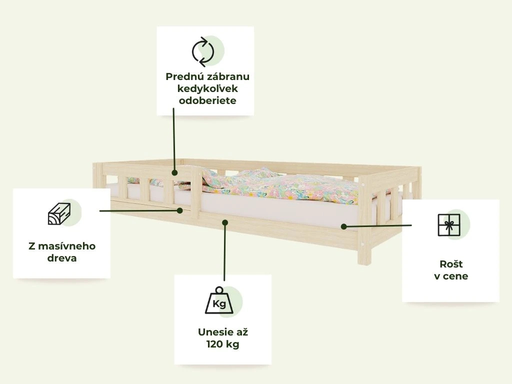 Benlemi Jednolôžková posteľ PLOTTY so zábranou a prístelkou Zvoľte farbu: Nelakovaná, Zvoľte rozmer: 80x190 cm, Zvoľte zábranu: S prednou zábranou