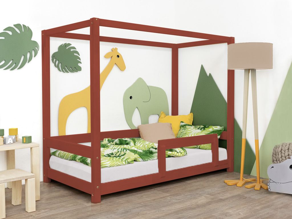 Benlemi Detská posteľ s nebesami a bočnicou BUNKY Zvoľte farbu: Tehlová, Rozmer: 120x200 cm
