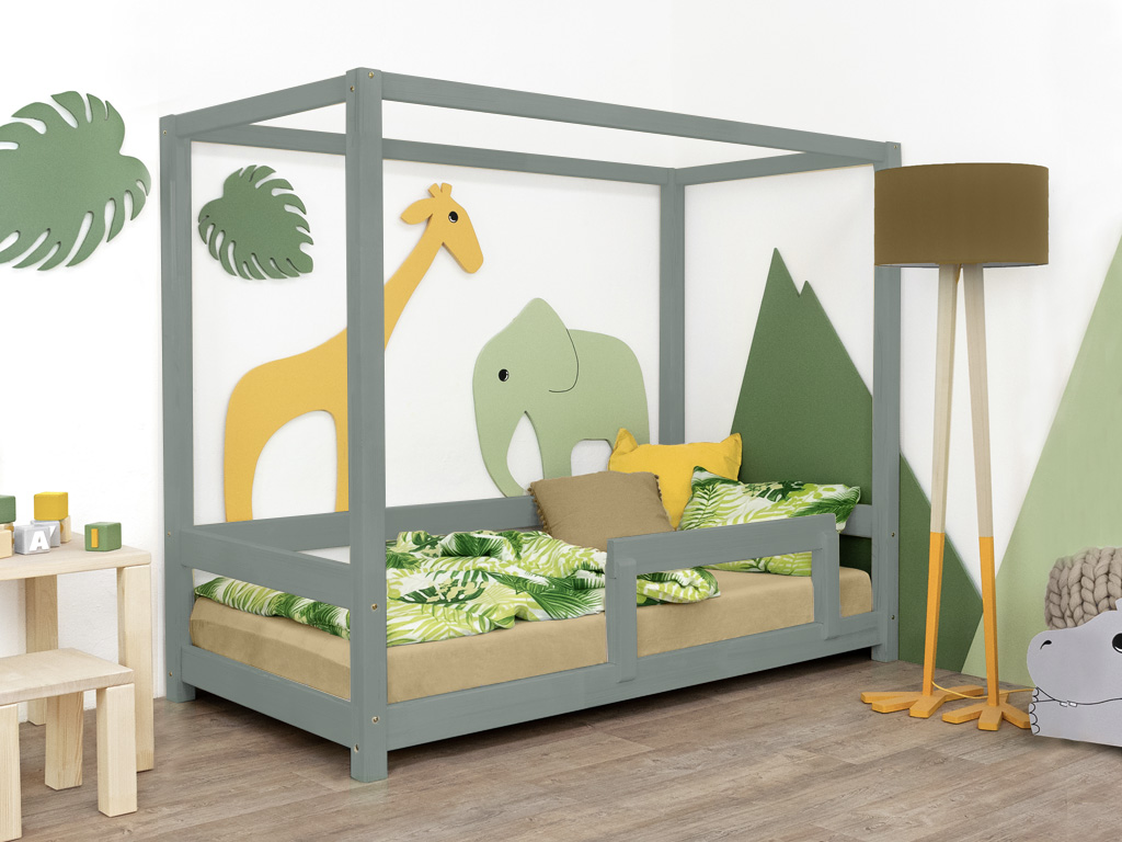 Benlemi Detská posteľ s nebesami a bočnicou BUNKY Zvoľte farbu: Šalviová zelená, Rozmer: 90x180 cm