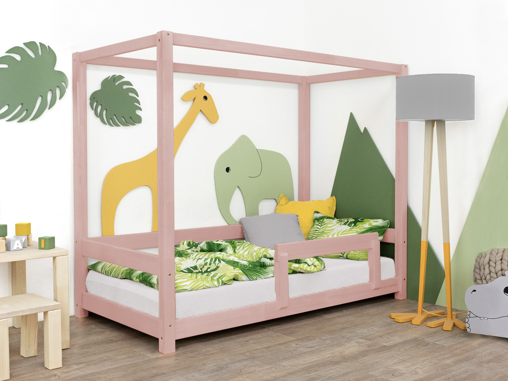 Benlemi Detská posteľ s nebesami a bočnicou BUNKY Zvoľte farbu: Pastelovo ružová, Rozmer: 120x200 cm