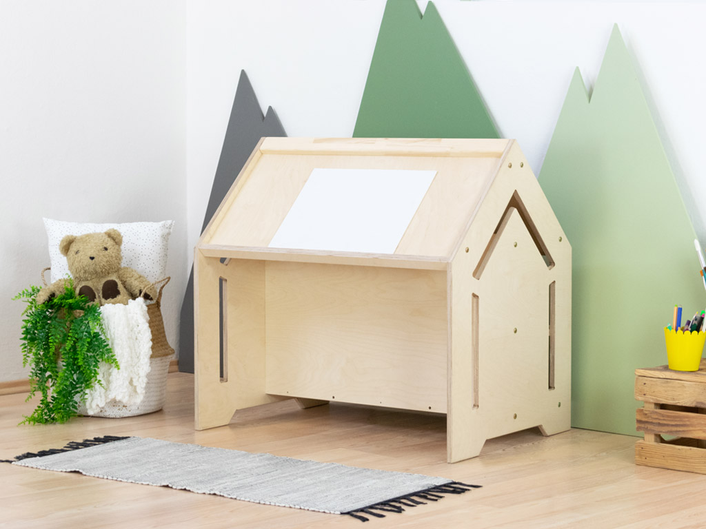 E-shop Benlemi Detský domčekový stolík na kreslenie CREATIVE Zvoľte farbu korpusu: Nelakovaná, Zvoľte farbu plôch: Nelakovaná