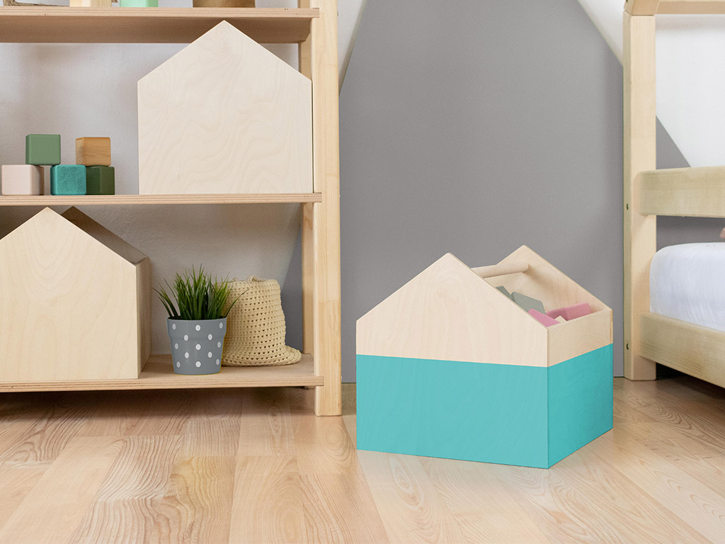 Benlemi Drevený úložný box HOUSE v tvare domčeka Zvoľte farbu: Tyrkysová, pololakovaná
