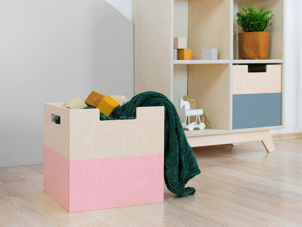 Benlemi Úložný drevený box BOKS s obdĺžnikovým výrezom Zvoľte farbu: Ružová, pololakovaná
