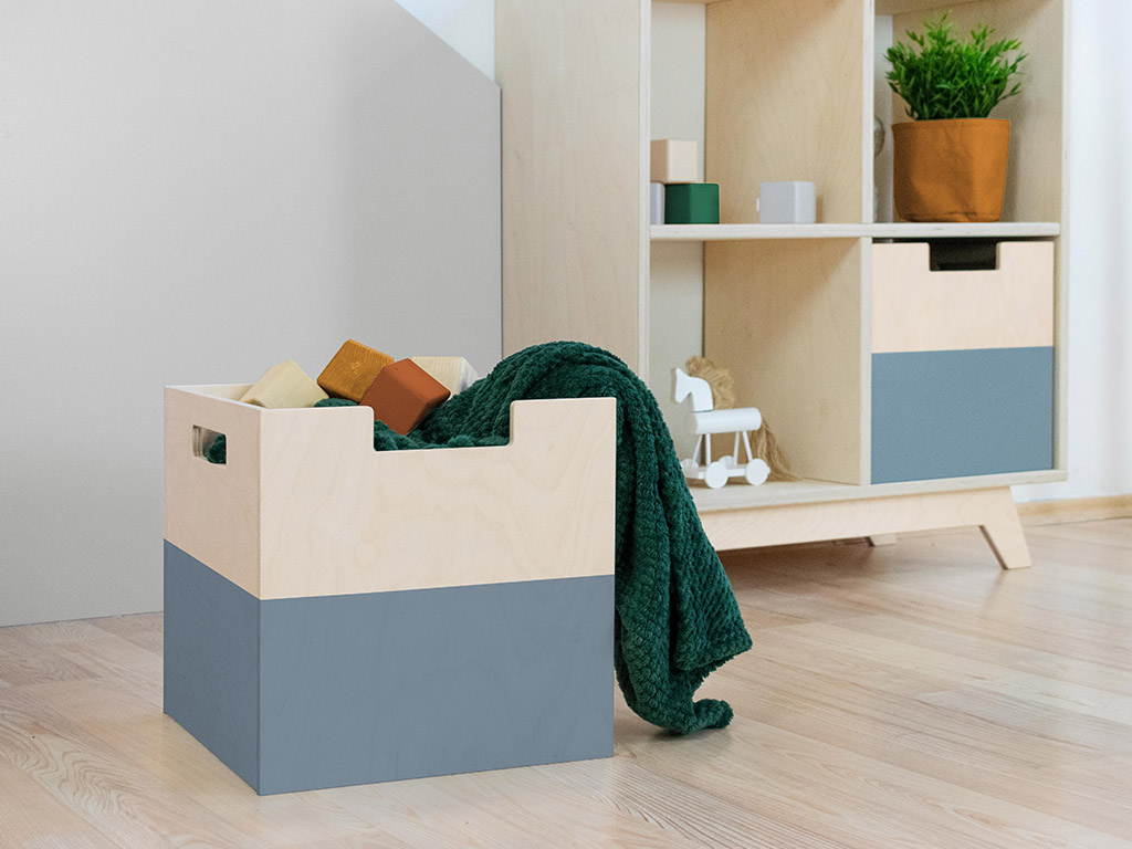 Benlemi Úložný drevený box BOKS s obdĺžnikovým výrezom Zvoľte farbu: Tmavo sivá, pololakovaná