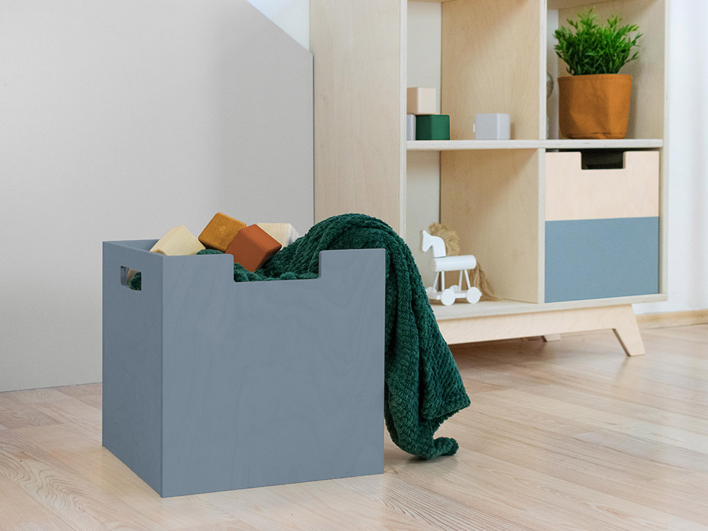 Benlemi Úložný drevený box BOKS s obdĺžnikovým výrezom Zvoľte farbu: Tmavo sivá