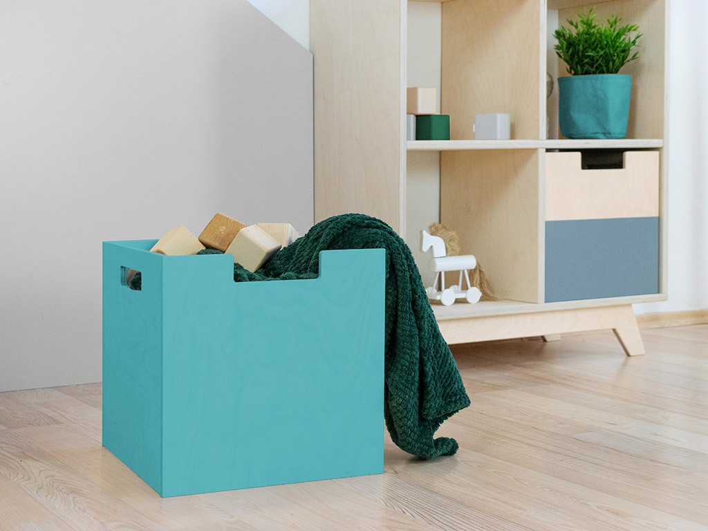 Benlemi Úložný drevený box BOKS s obdĺžnikovým výrezom Zvoľte farbu: Tyrkysová