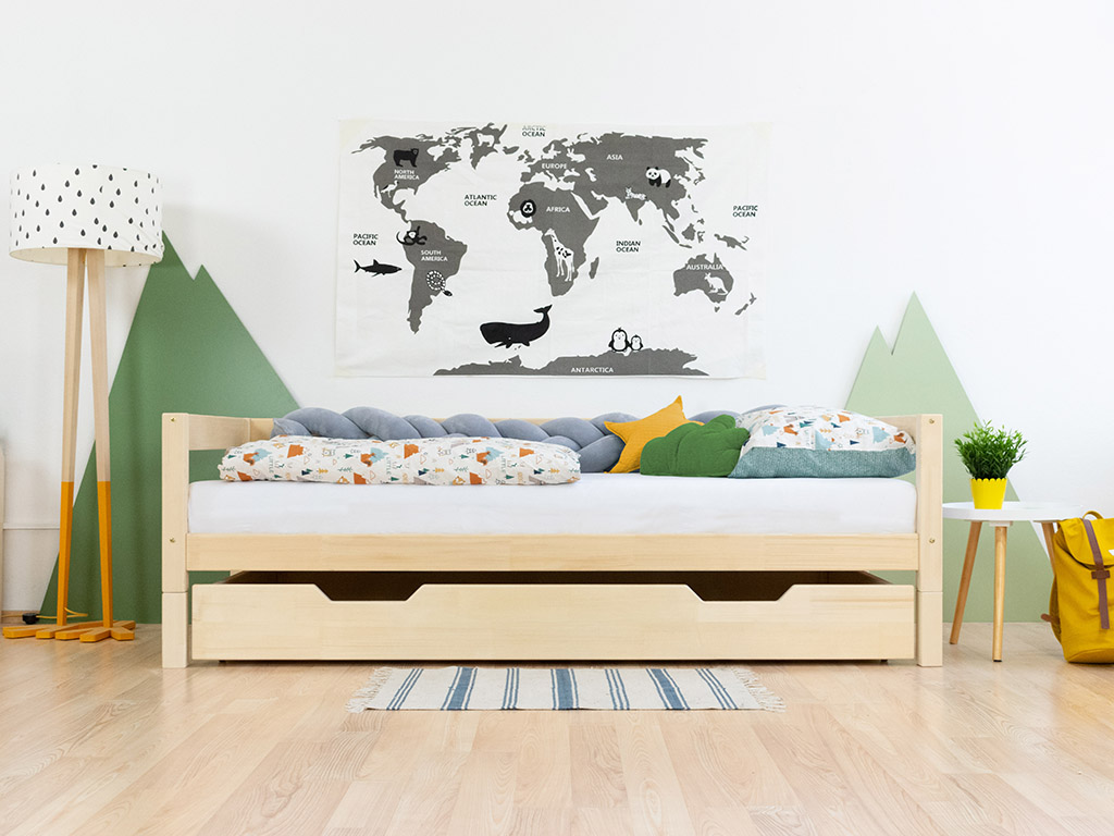 Benlemi Drevený šuplík BUDDY na kolieskach s dvoma výrezmi Zvoľte farbu: Tehlová, Zvoľte variantu: S roštom, Zvoľte rozmer: 90x170 cm (pod posteľ 90x…