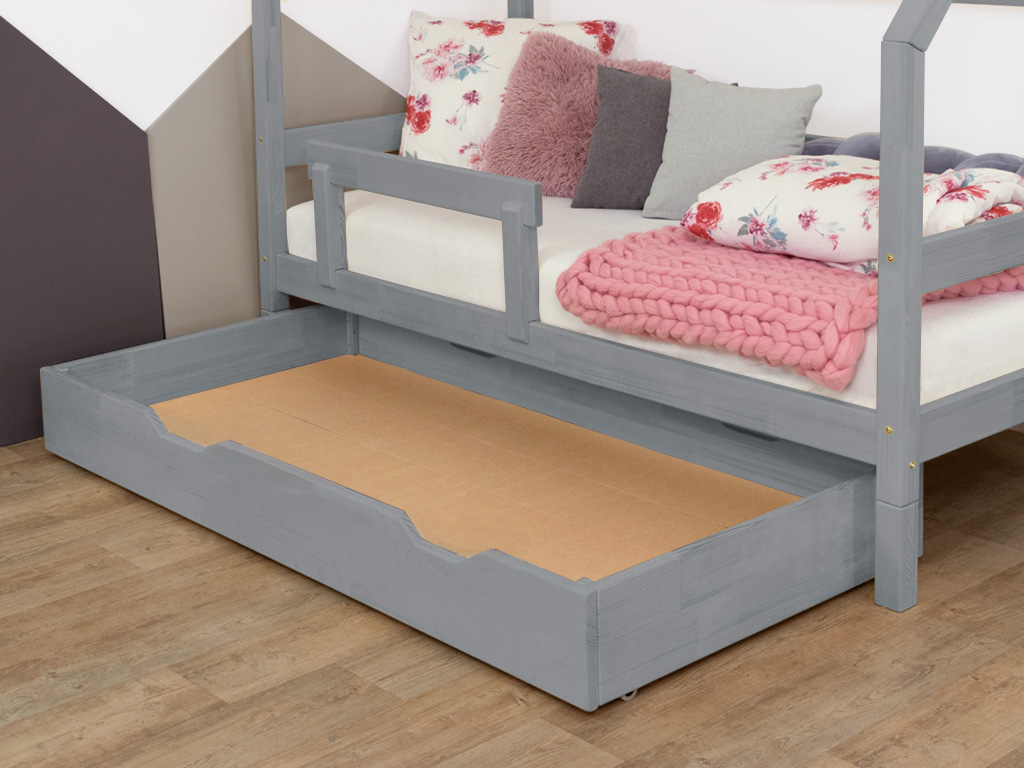 Benlemi Sada: Domčeková poschodová posteľ MONTY s dreveným úložným šuplíkom BUDDY na kolieskach Zvoľte farbu: Tmavo sivá, Variant: S roštom a plným dnom