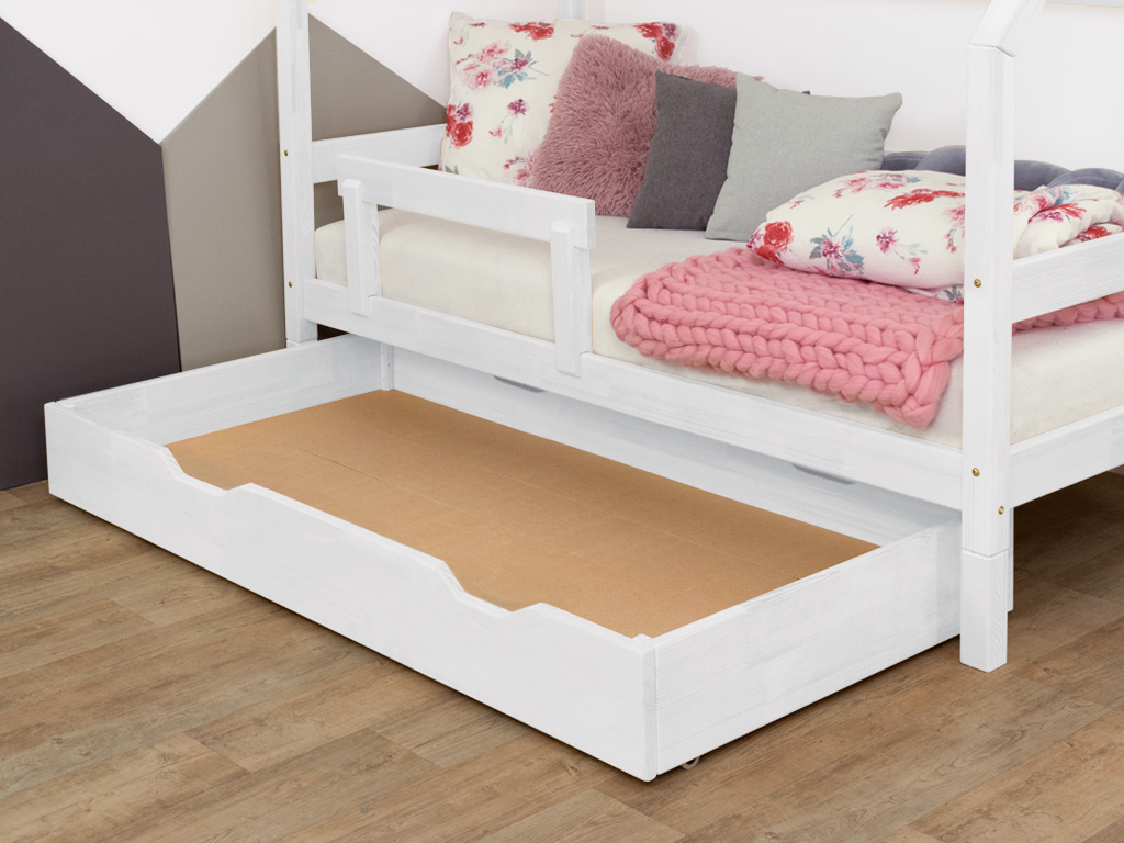 Benlemi Sada: Poschodová posteľ ULURU s dreveným úložným šuplíkom BUDDY na kolieskach Zvoľte farbu: Biela, Variant: S roštom a plným dnom