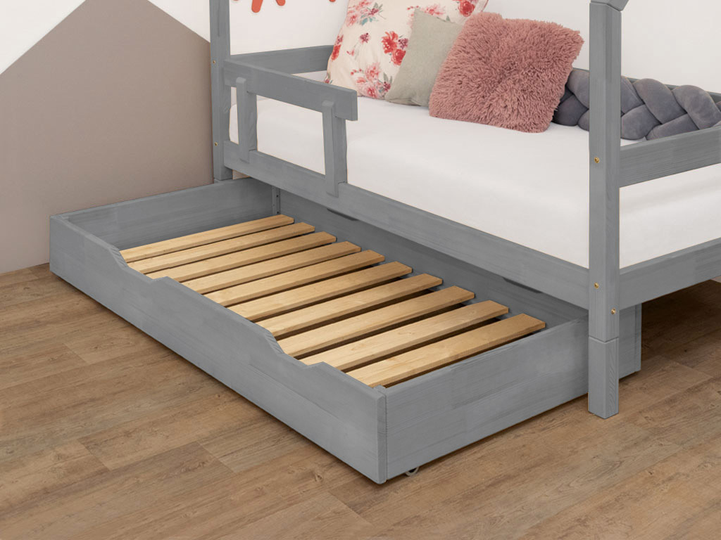 Benlemi Sada: Poschodová posteľ ULURU s dreveným úložným šuplíkom BUDDY na kolieskach Zvoľte farbu: Tmavo sivá, Variant: S roštom