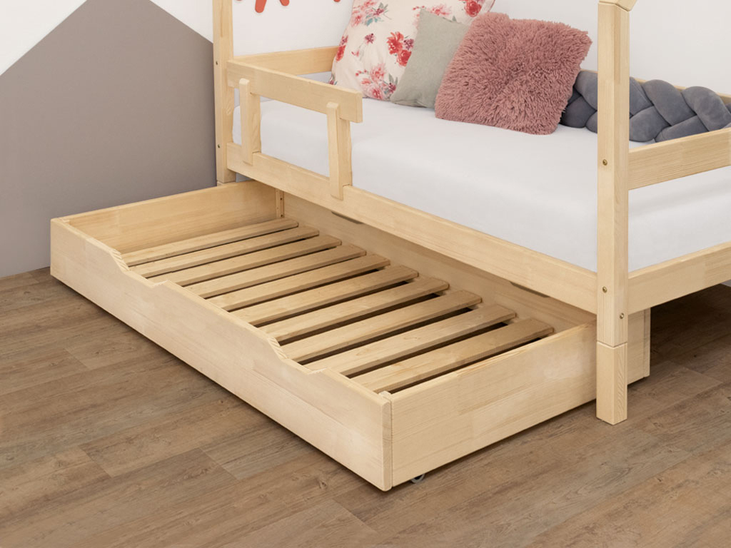Benlemi Sada: Poschodová posteľ ULURU s dreveným úložným šuplíkom BUDDY na kolieskach Zvoľte farbu: Nelakovaná, Variant: S roštom