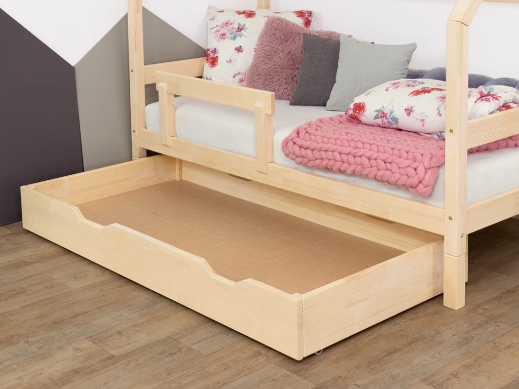 Benlemi Sada: Poschodová posteľ ULURU s dreveným úložným šuplíkom BUDDY na kolieskach Zvoľte farbu: Transparentná vosková lazúra matná, Variant: S roštom a plným dnom