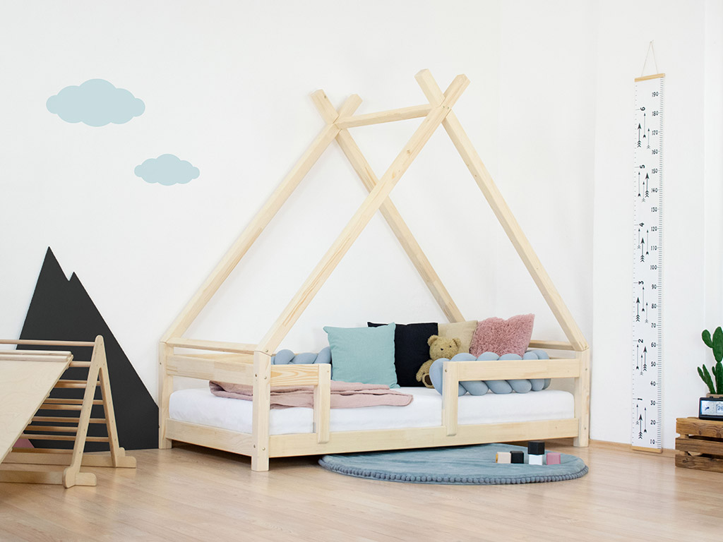 Benlemi Detská domčeková posteľ TAHUKA v tvare típí s bezpečnostnou zábranou Zvoľte farbu: Nelakovaná, Rozmer: 80x160 cm