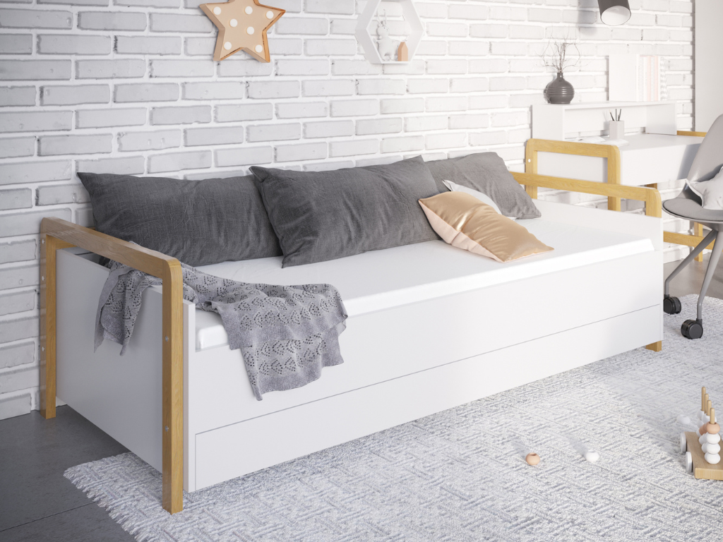 Benlemi Biela detská posteľ VICTOR s bočnicou Rozmer: 80x180 cm, Matrac: Penový matrac, Šuplík: So šuplíkom