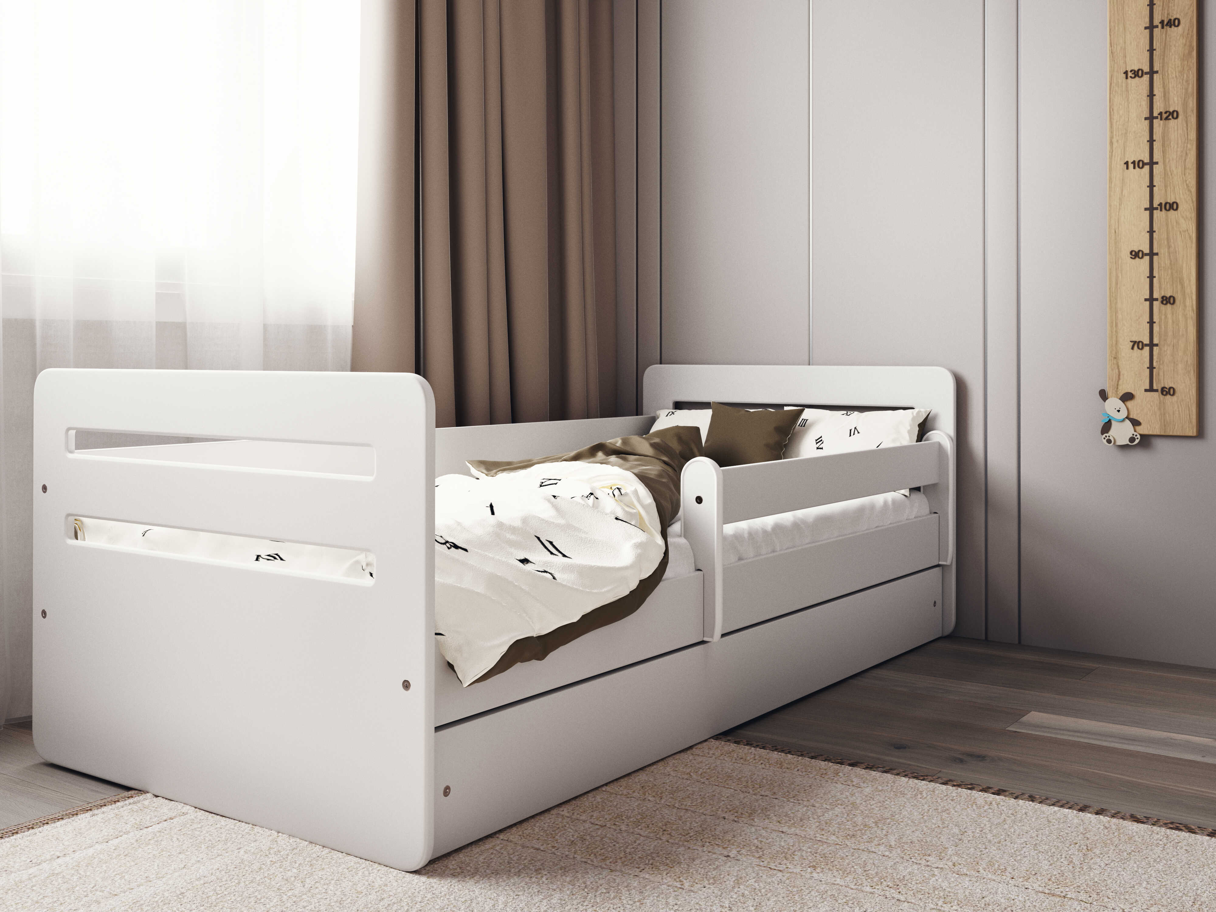 E-shop Biela posteľ pre deti TOMI s bočnicou Zvoľte rozmer: 80x140 cm, Zvoľte matrac: Bez matraca, Zvoľte šuplík: Bez šuplíka