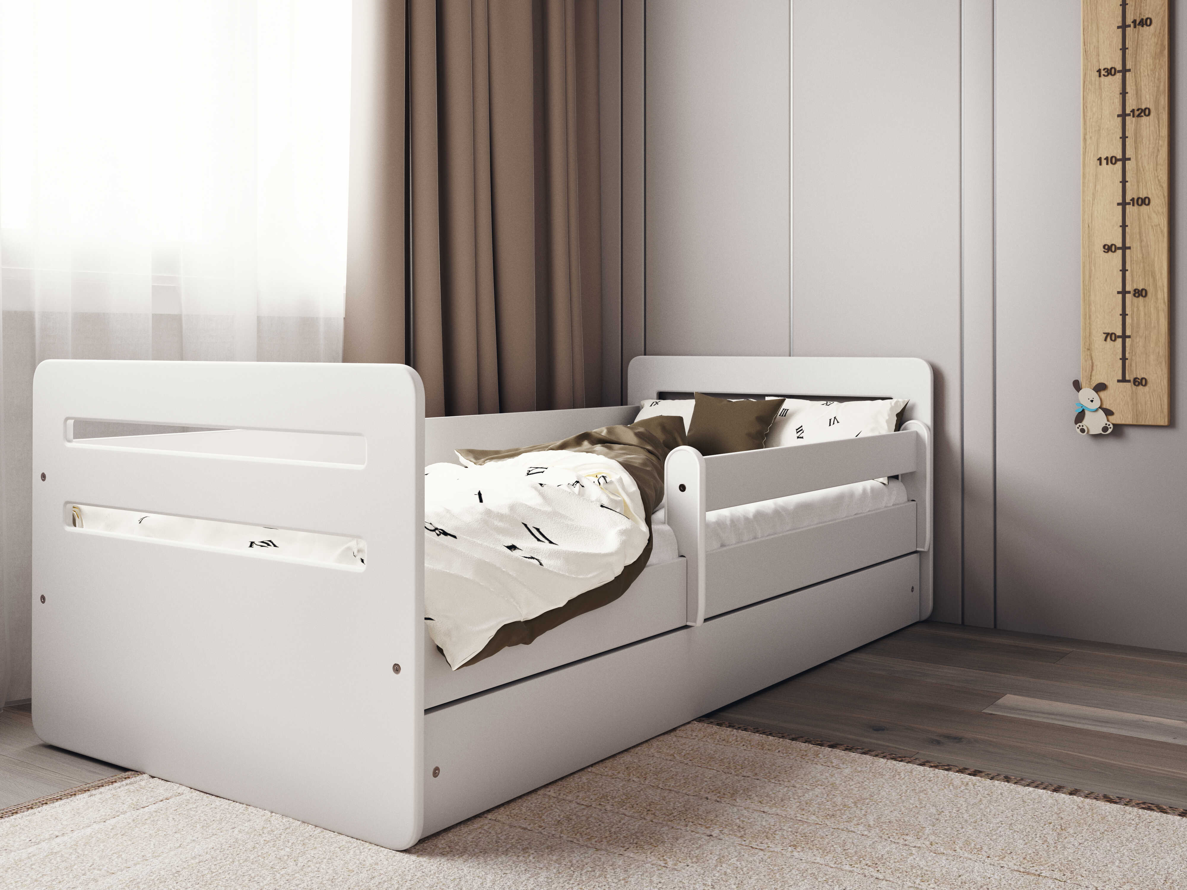 Benlemi Biela posteľ pre deti TOMI s bočnicou Rozmer: 80x160 cm, Matrac: Penový matrac, Šuplík: Bez šuplíka