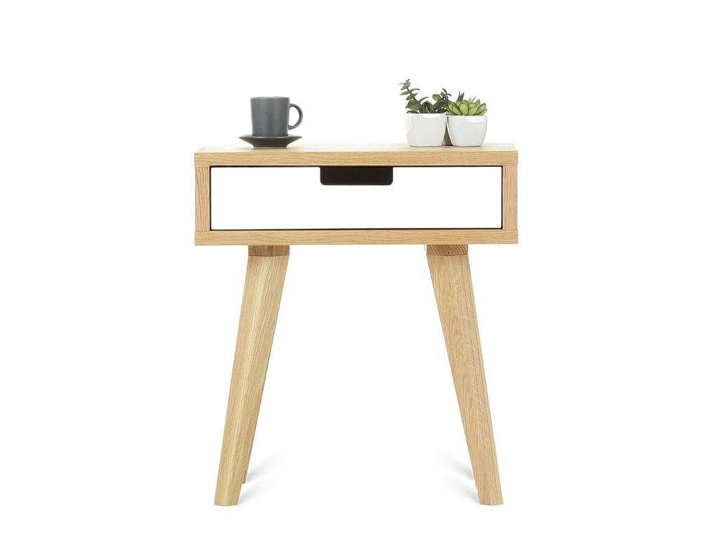 Benlemi Dizajnový nočný stolík so šuplíkom LUNA biely Kvalita dreva: 2. Kombinácia dubového masívu a dyhovanej DTD dosky