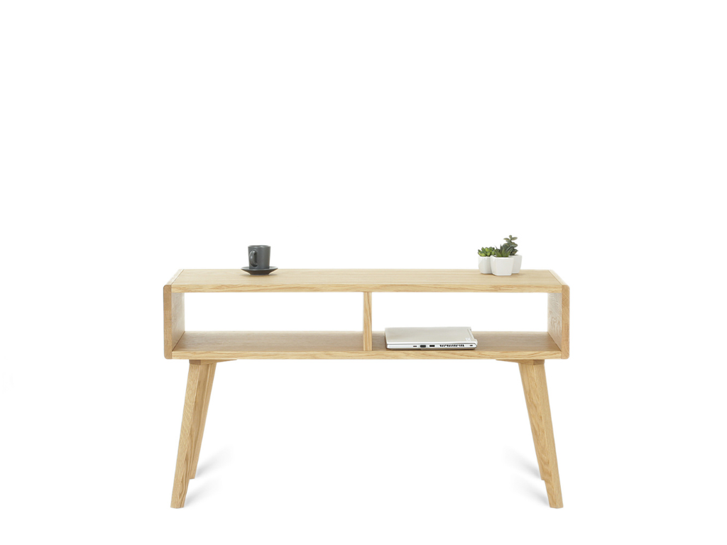 Benlemi Zaoblený konferenčný stolík VIDE FLO so symetrickými policami Kvalita dreva: 2. Kombinácia dubového masívu a dyhovanej DTD dosky