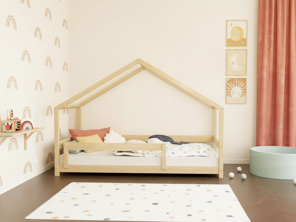 Benlemi Detská posteľ domček LUCKY s predným štítom Zvoľte farbu: Nelakovaná, Zvoľte rozmer: 80x200 cm, Zvoľte zábranu: S prednou zábranou