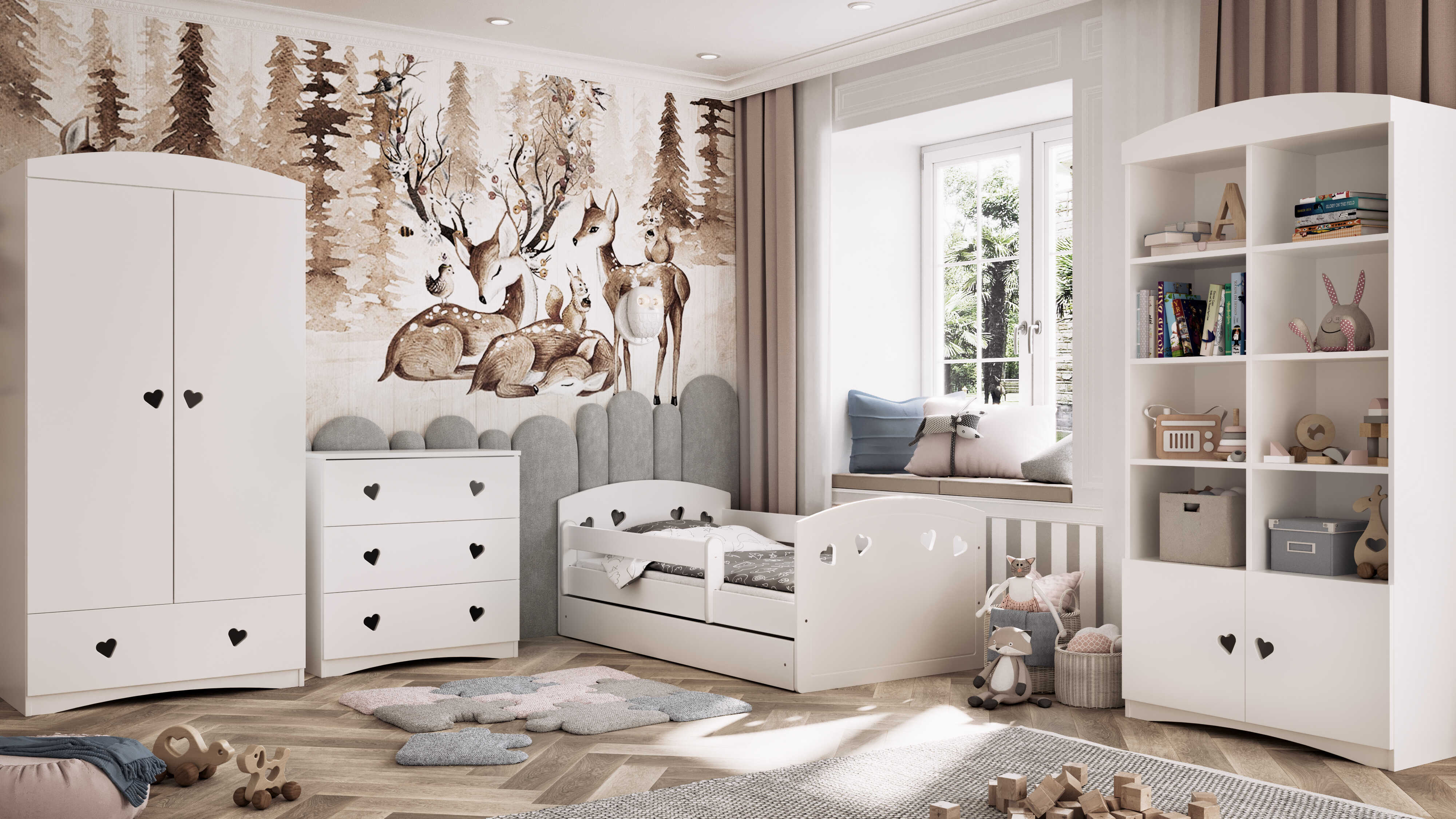 Benlemi Biela detská izba JULIA: Šatníková skriňa, knižnica, komoda a posteľ s úložným priestorom a matracom Rozmer: 80x140 cm